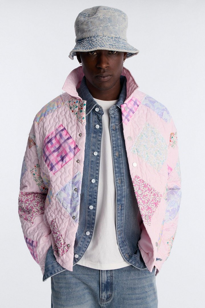 Cropped Quilted Frayed Patchwork Work Jacket - Pink