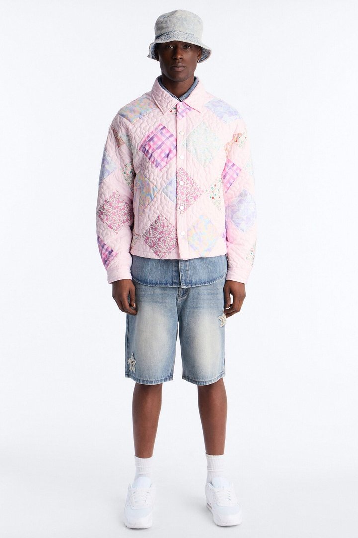Cropped Quilted Frayed Patchwork Work Jacket - Pink