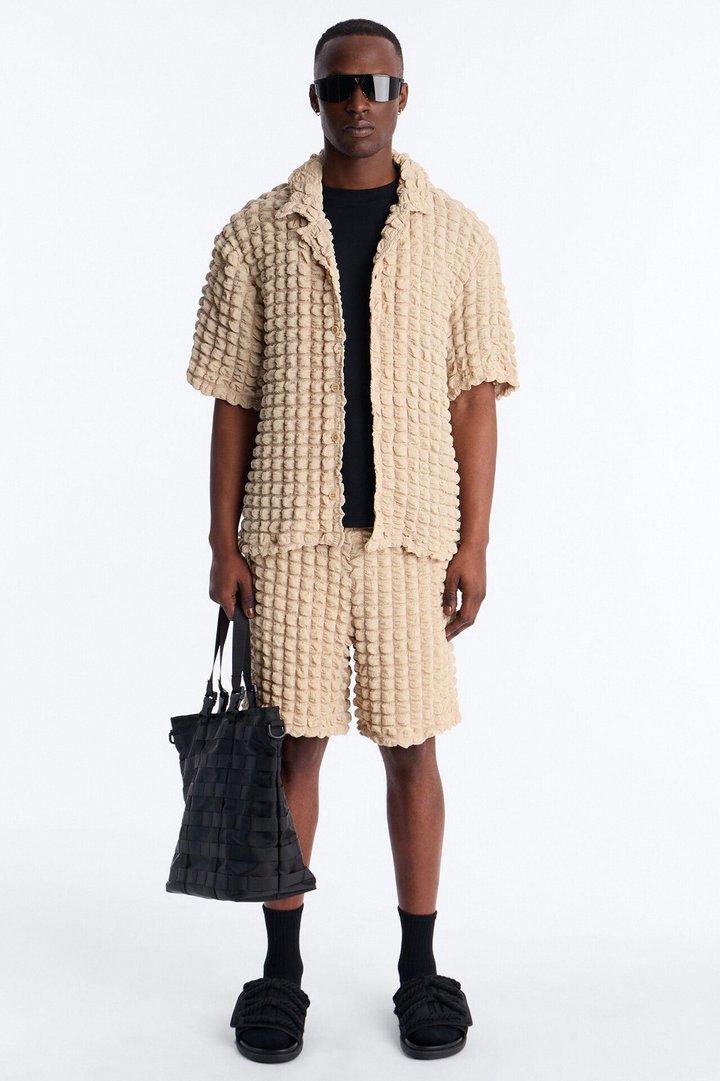 Relaxed Effervesce Textured Button Up Shirt - Tan