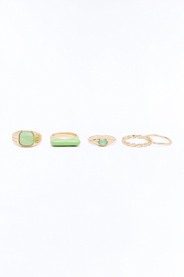 Valued My Beauty Jeweled 5 Piece Ring Set - Gold/Green