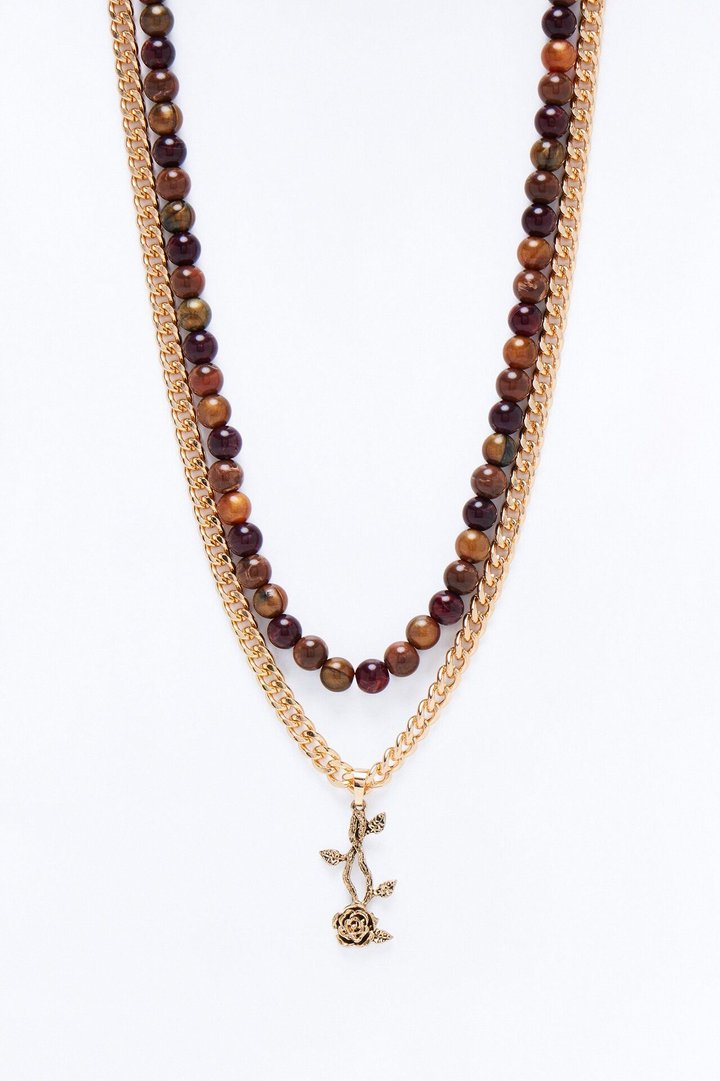Layered Cuban Rose And Beaded Necklace Set - Gold/combo