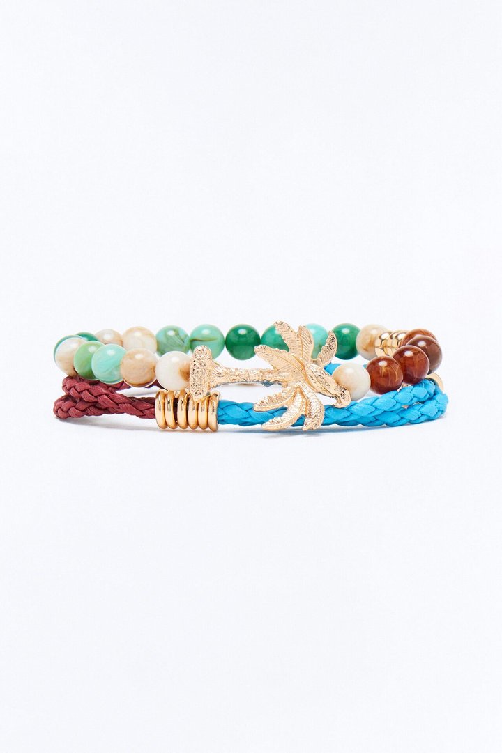 Palm Mixed Material Bead Bracelet Set - Gold/Multi