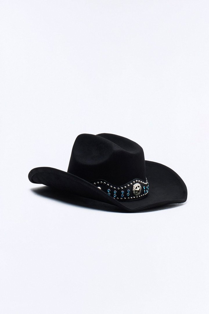 Lone Star Faux Suede Studded Cowboy Hat - Black