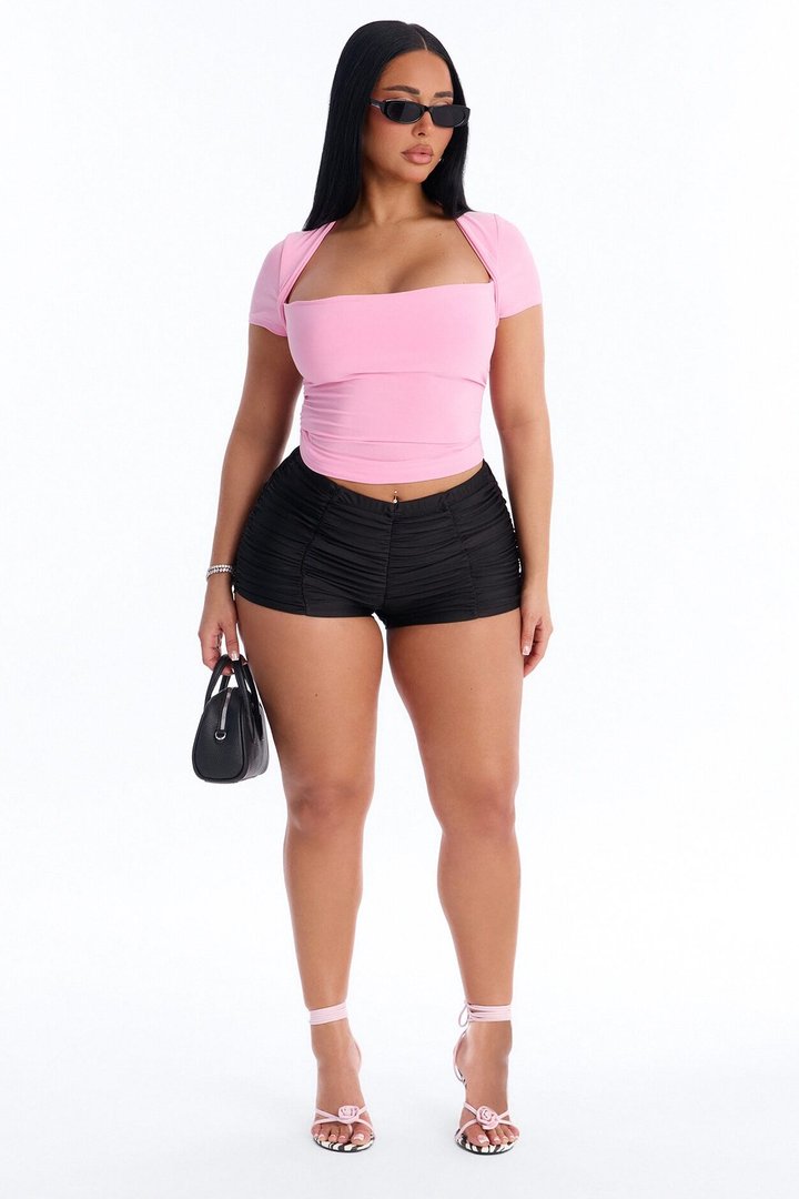 Emilie Ruched Square Neck Short Sleeve Top - Pink