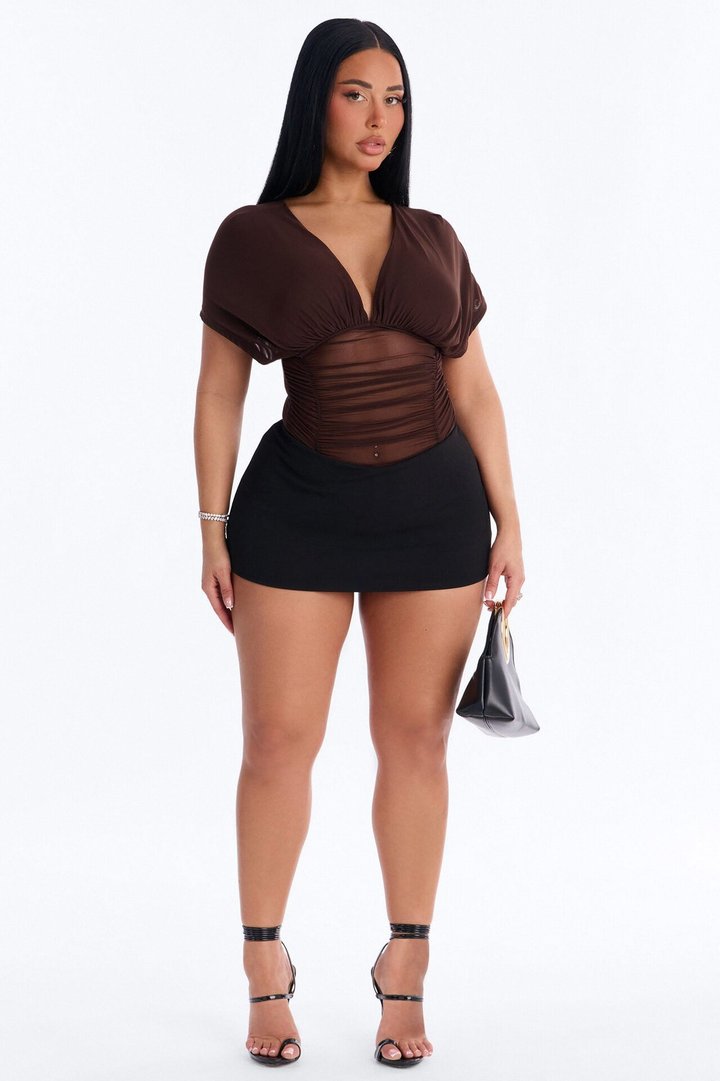 Leilani Sheer Mesh Ruched Short Sleeve Bodysuit - Brown