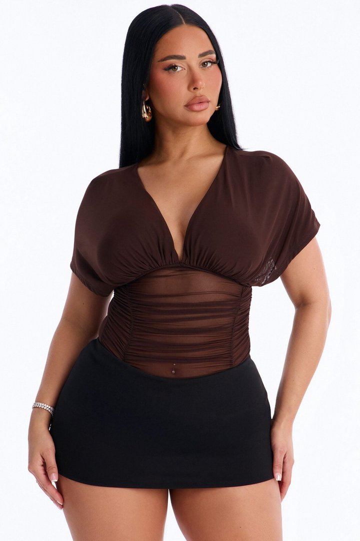 Leilani Sheer Mesh Ruched Short Sleeve Bodysuit - Brown