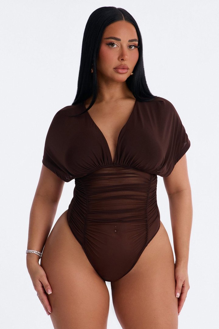 Leilani Sheer Mesh Ruched Short Sleeve Bodysuit - Brown