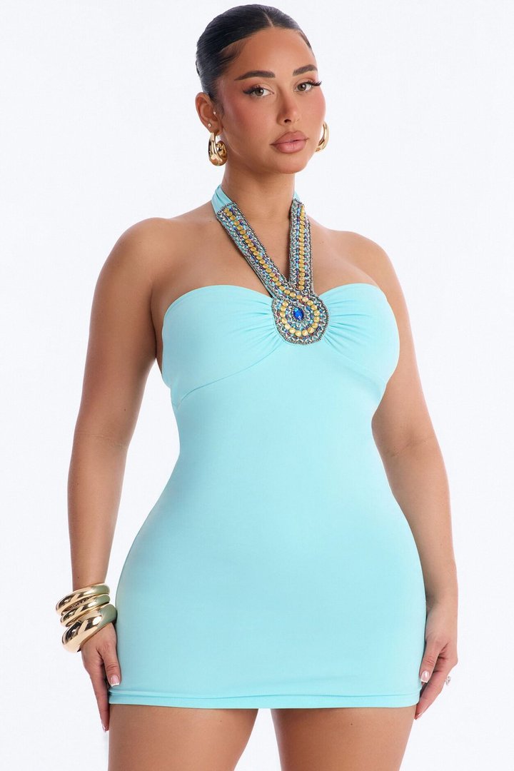 Josephine Sleeveless Embellished Mini Dress - Light Blue