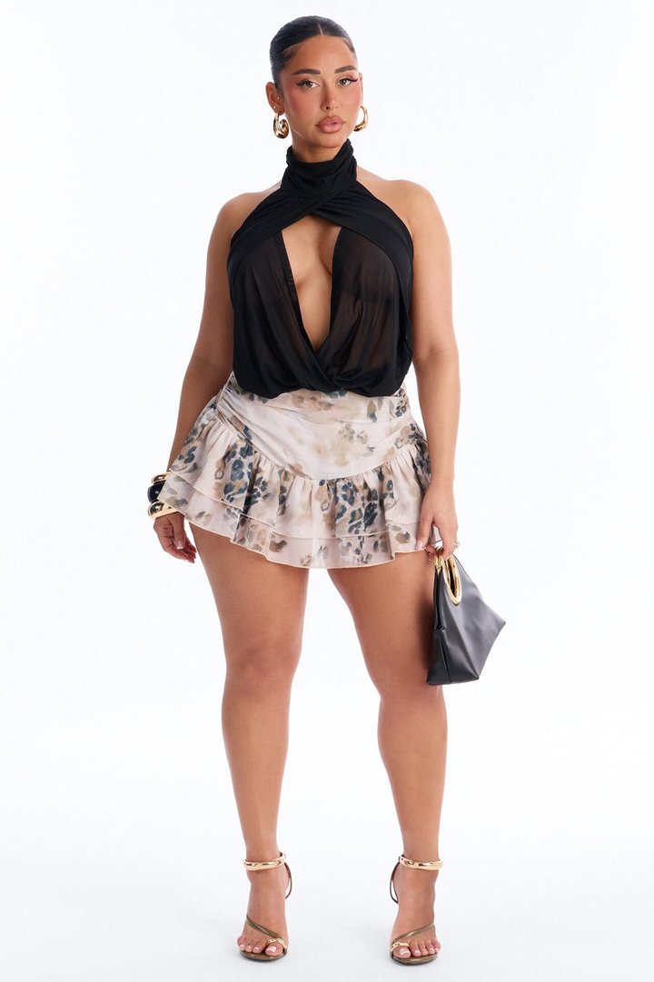 Divine Ease Sheer Mesh Ruched Halter Top - Black