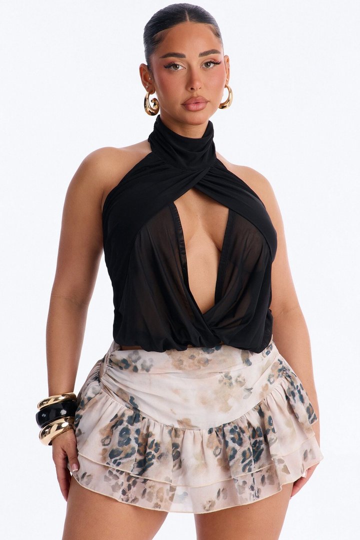 Divine Ease Sheer Mesh Ruched Halter Top - Black