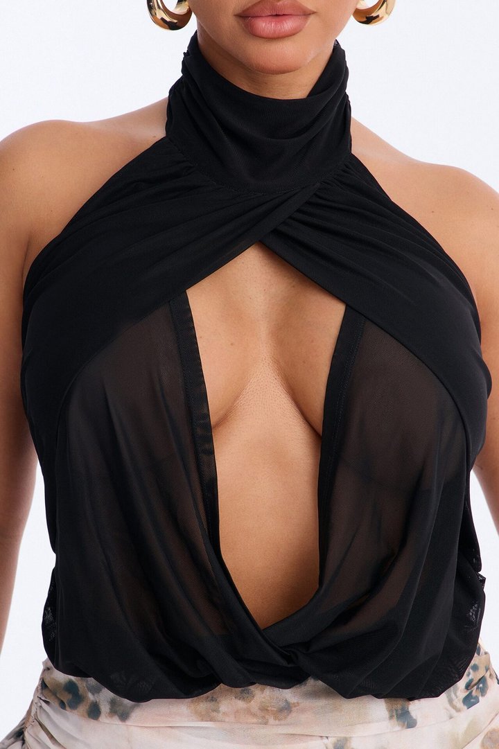 Divine Ease Sheer Mesh Ruched Halter Top - Black