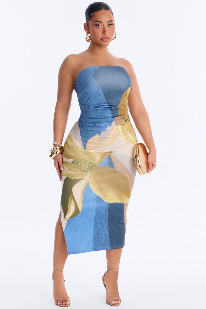 Angela Strapless Floral Midi Dress - Blue/combo