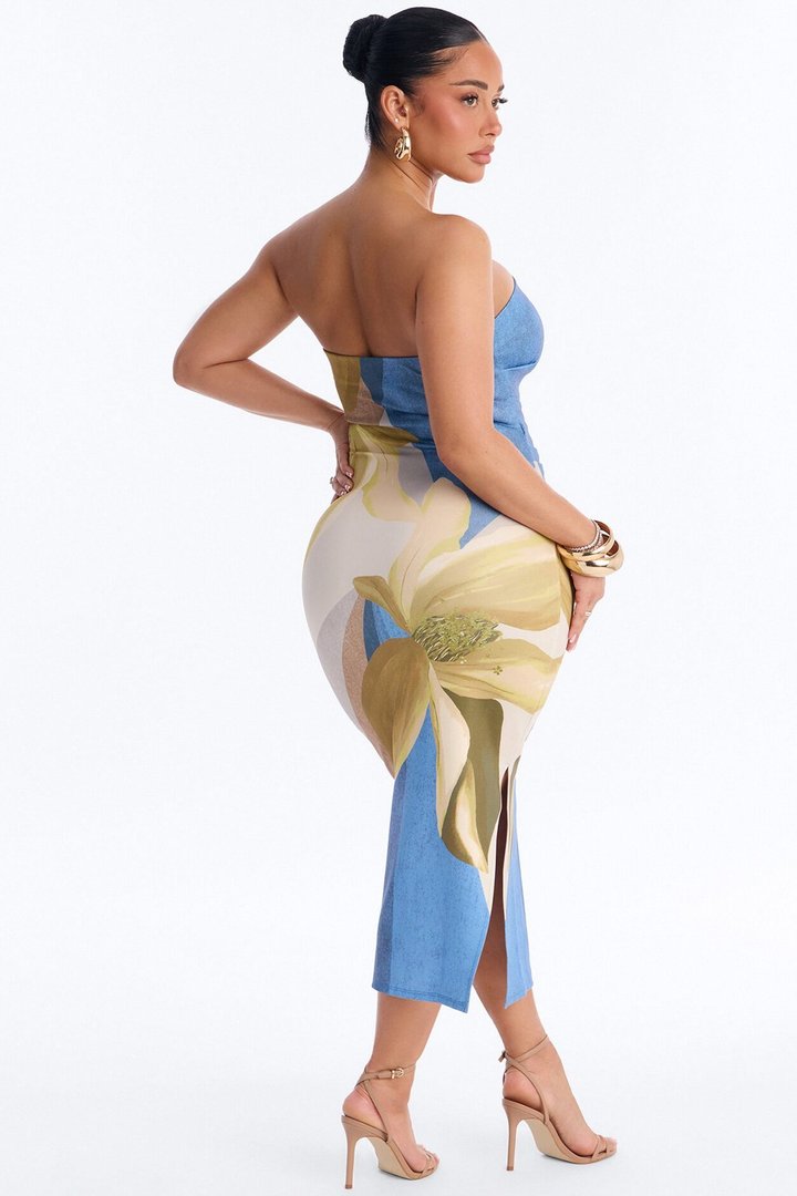 Angela Strapless Floral Midi Dress - Blue/combo