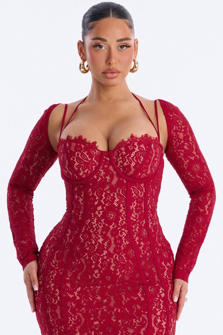 Cleo Long Sleeve Lace Maxi Dress - Red