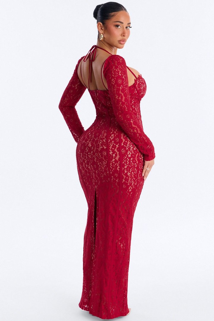 Cleo Long Sleeve Lace Maxi Dress - Red
