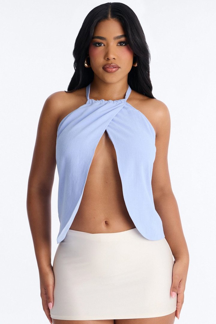 Snack First Wrap Over Linen Halter Top - Dusty Blue