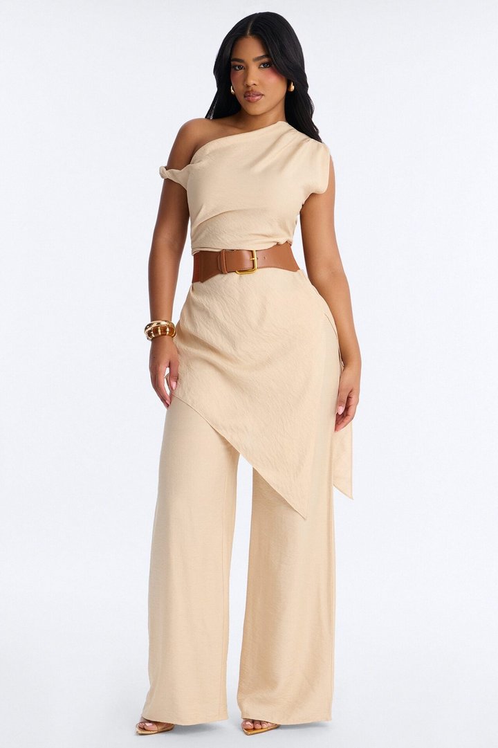 Willow Belted Asymmetrical Pant Set - Beige