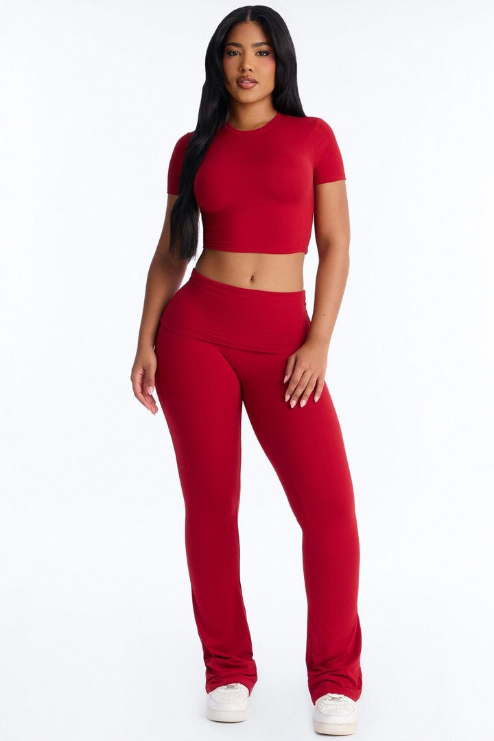 Keeping Up Foldover Waist Pant Set - Red