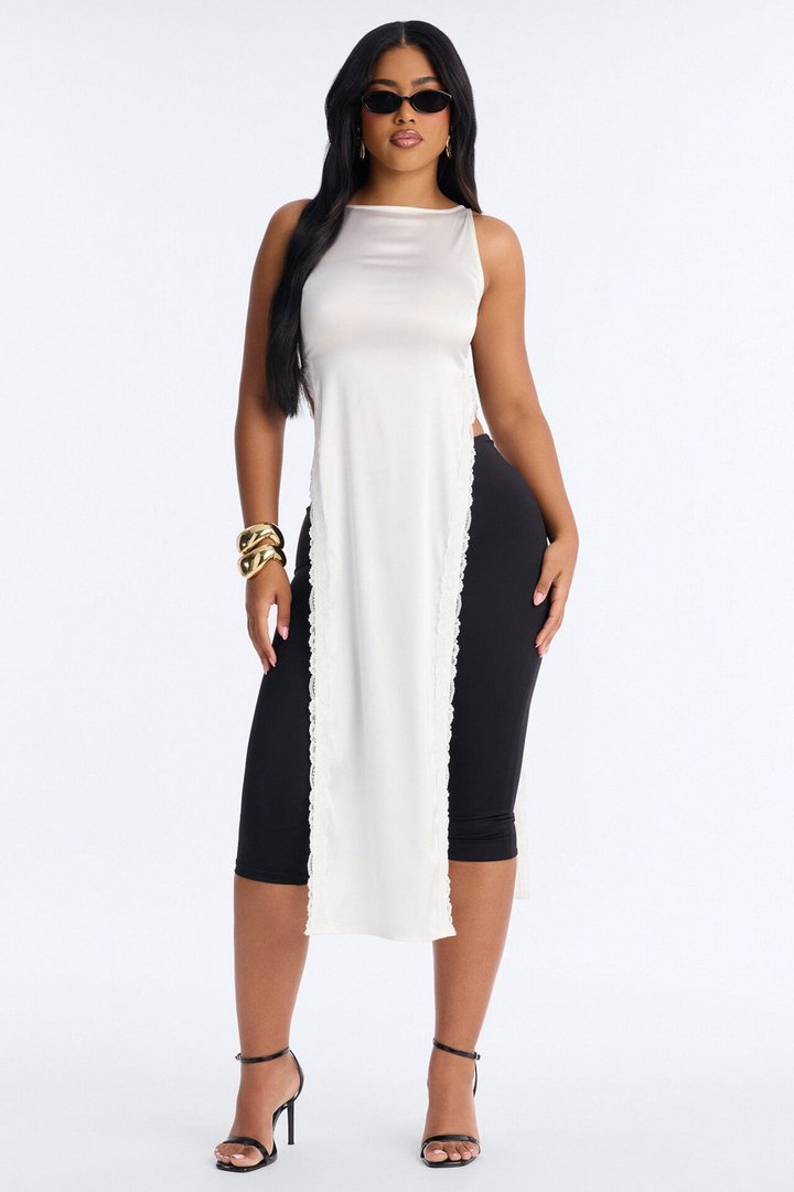 Satin Mood Lace Trim High Slit Top - Ivory