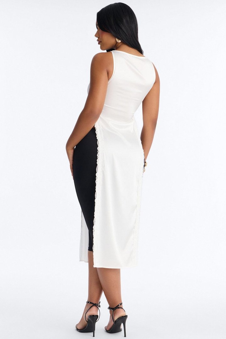 Satin Mood Lace Trim High Slit Top - Ivory
