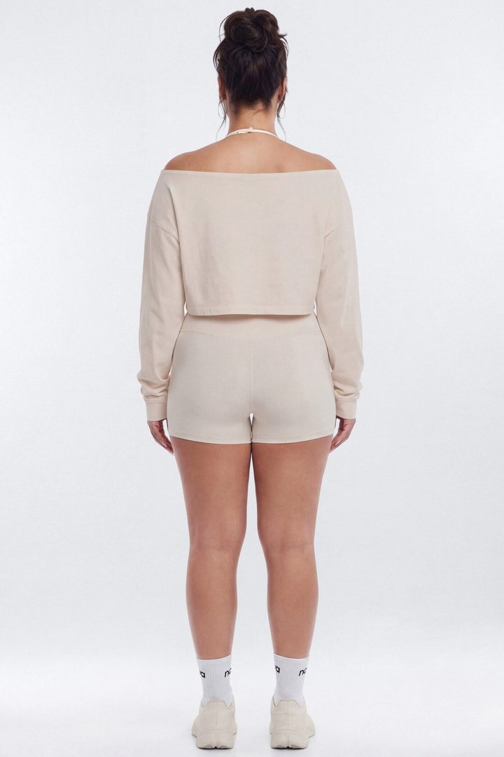 Cotton Jersey Off Shoulder Long Sleeve Crop Top - Oat Milk