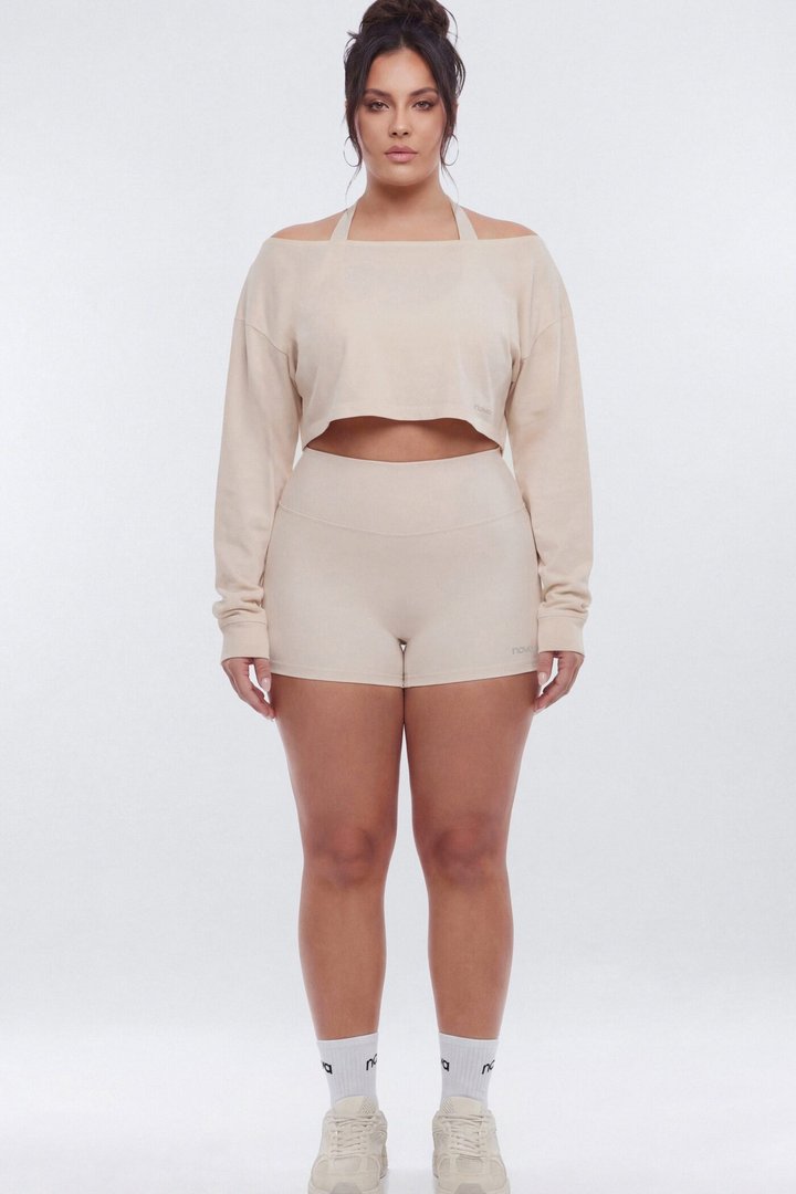 Cotton Jersey Off Shoulder Long Sleeve Crop Top - Oat Milk