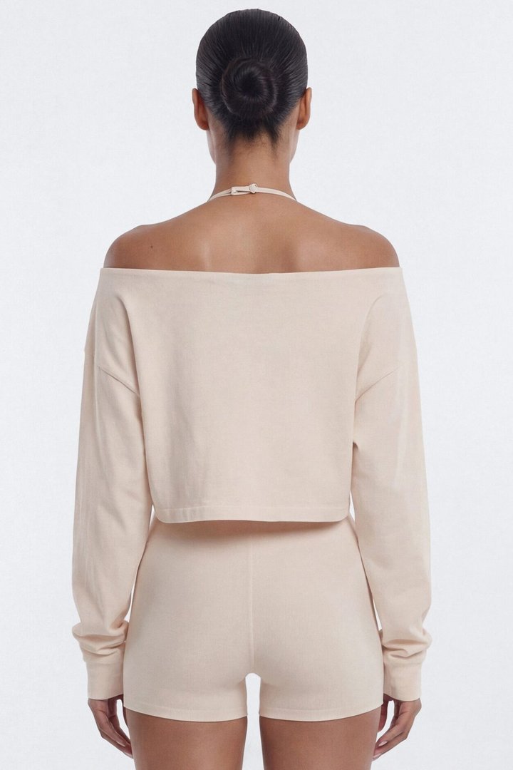 Cotton Jersey Off Shoulder Long Sleeve Crop Top - Oat Milk