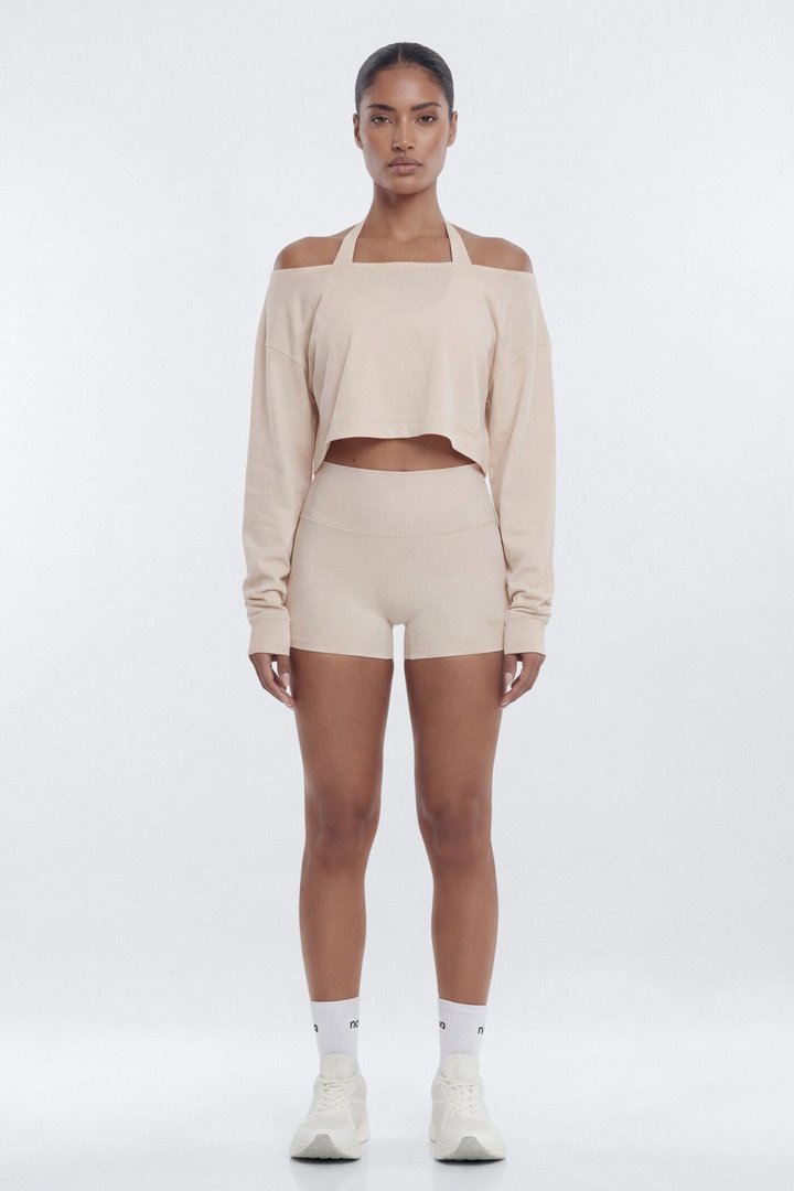Cotton Jersey Off Shoulder Long Sleeve Crop Top - Oat Milk