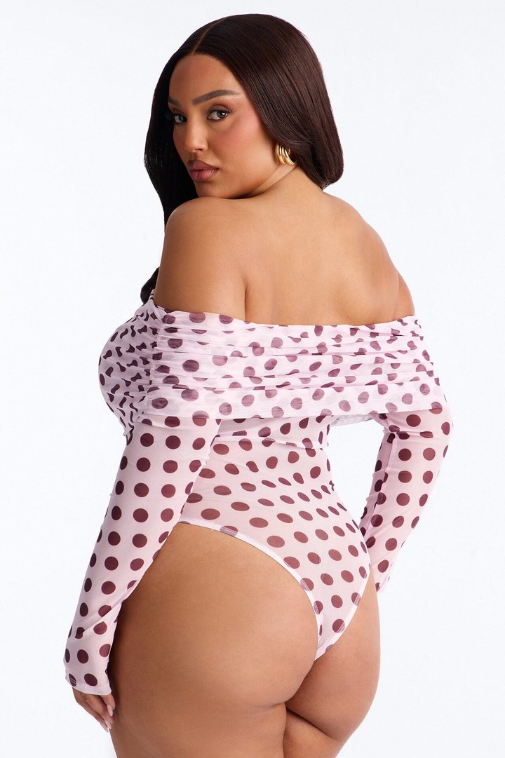 Lily Off Shoulder Polka Dot Mesh Long Sleeve Bodysuit - Pink/combo