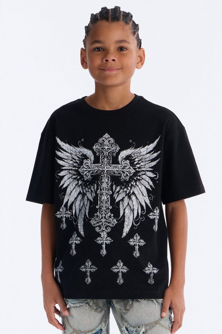 Mini Crosses Forever Rhinestones Oversized Short Sleeve Tee - Black