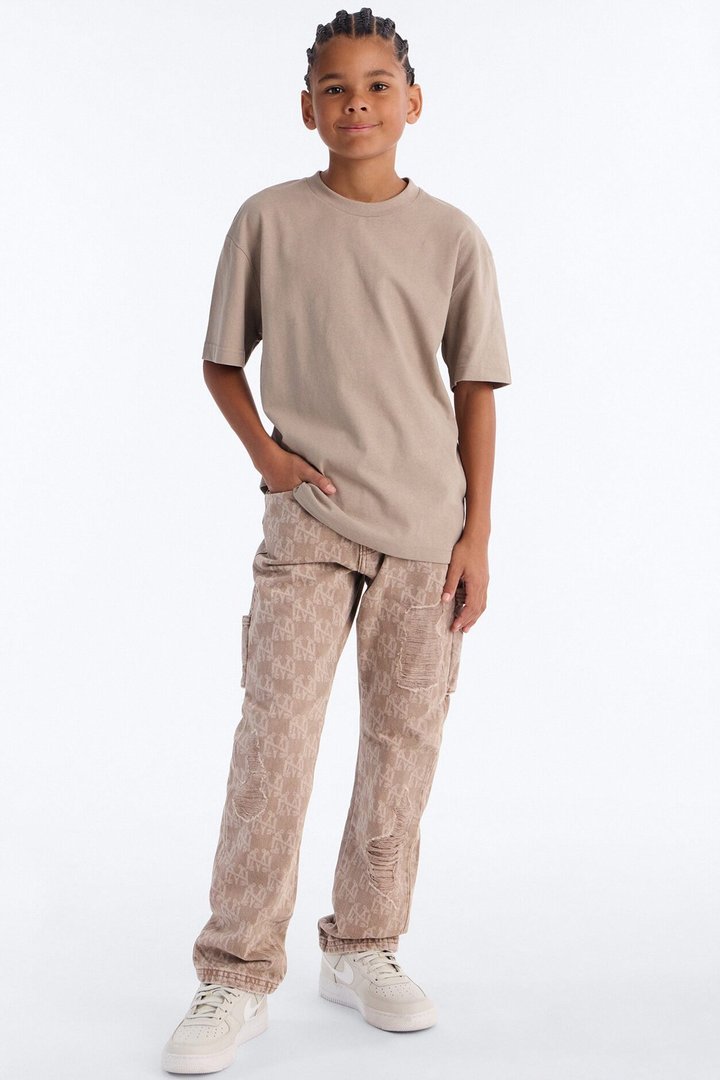 Mini Straight Break Wide Monogram Distressed Jean - Khaki