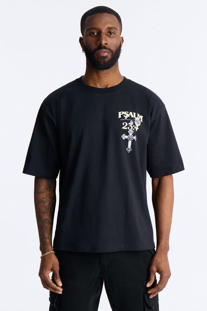 Psalm 23:4 I Walk Through The Valley Boxy Short Sleeve Tee - Black