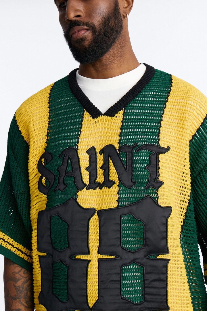 Saint 88 Cross Stripe Short Sleeve Knit Jersey - Yellow