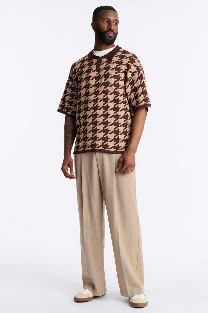 Houndstooth Short Sleeve Knitted Polo - Brown