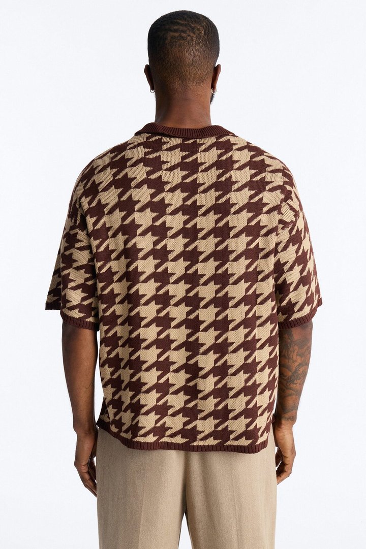 Houndstooth Short Sleeve Knitted Polo - Brown
