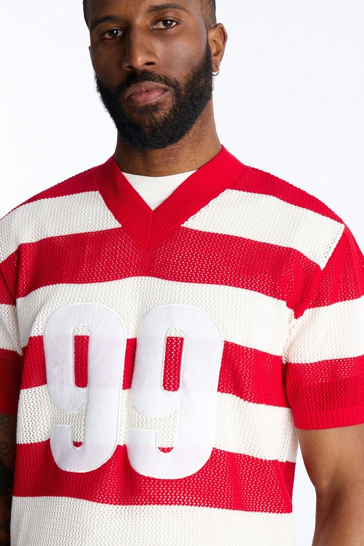 Short Sleeve Striped Crotchet Jersey - Red