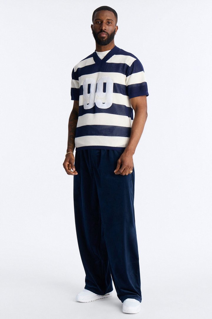 Short Sleeve Striped Crotchet Jersey - Navy
