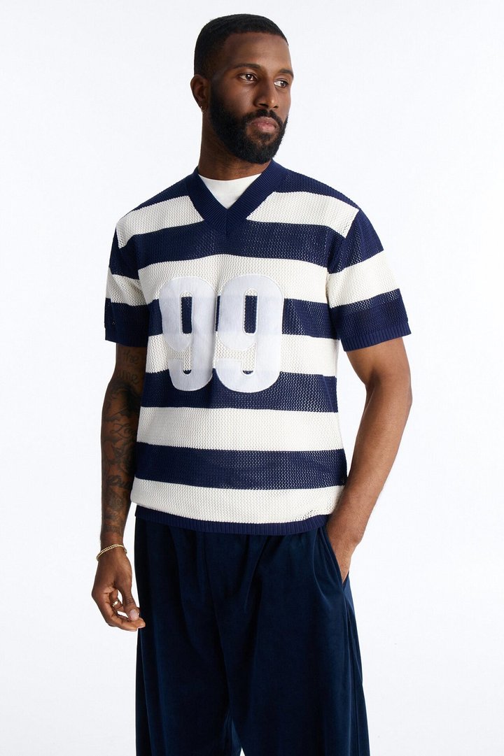Short Sleeve Striped Crotchet Jersey - Navy