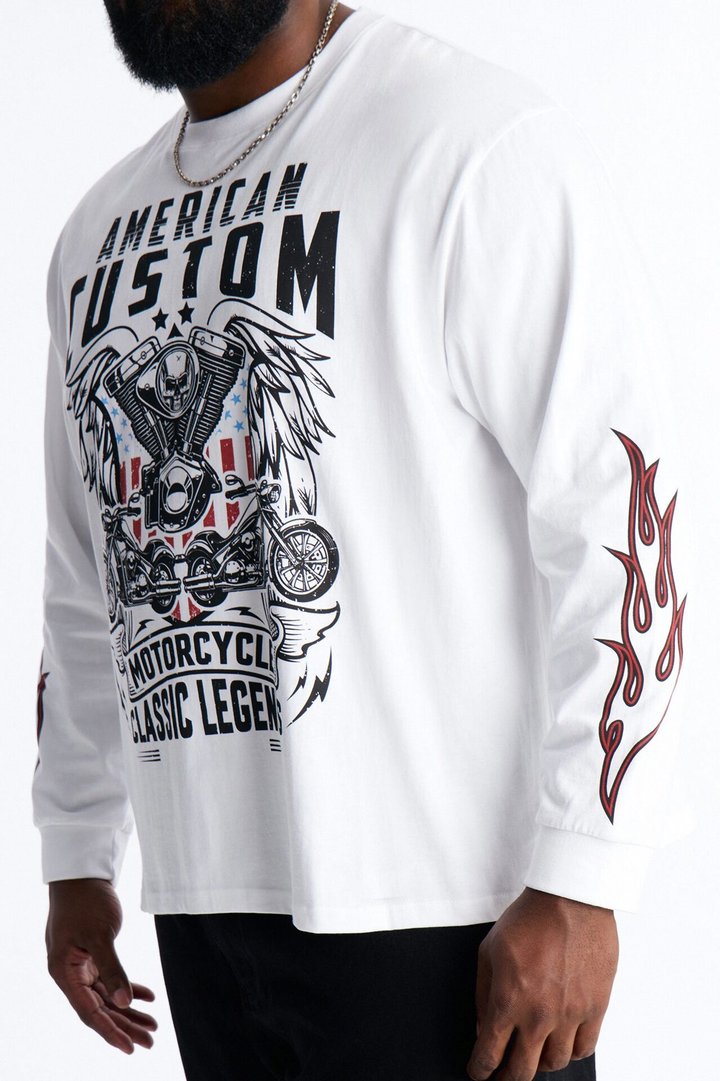 American Custom Motorcycle Oversized Long Sleeve Tee - White
