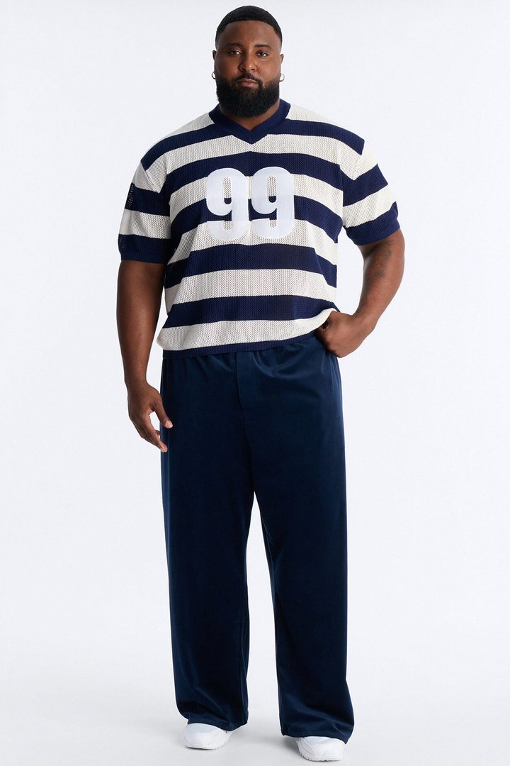 Short Sleeve Striped Crotchet Jersey - Navy