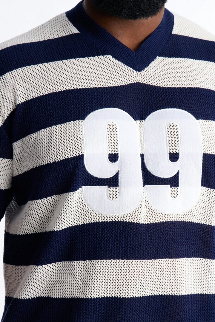 Short Sleeve Striped Crotchet Jersey - Navy