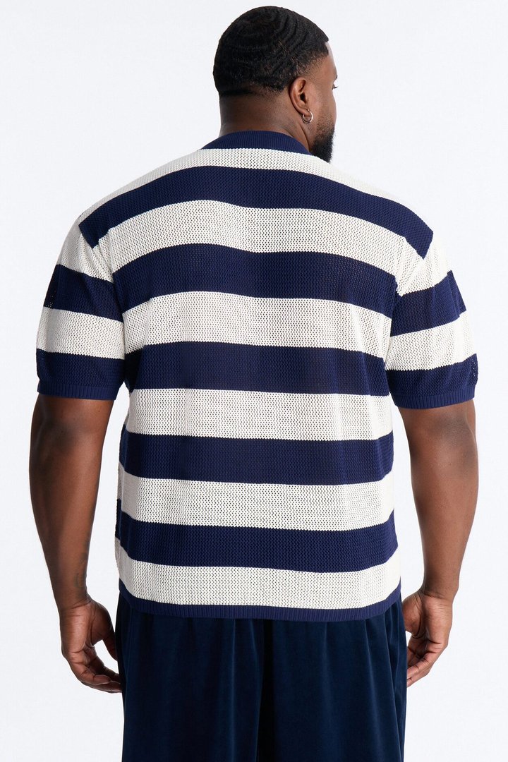 Short Sleeve Striped Crotchet Jersey - Navy