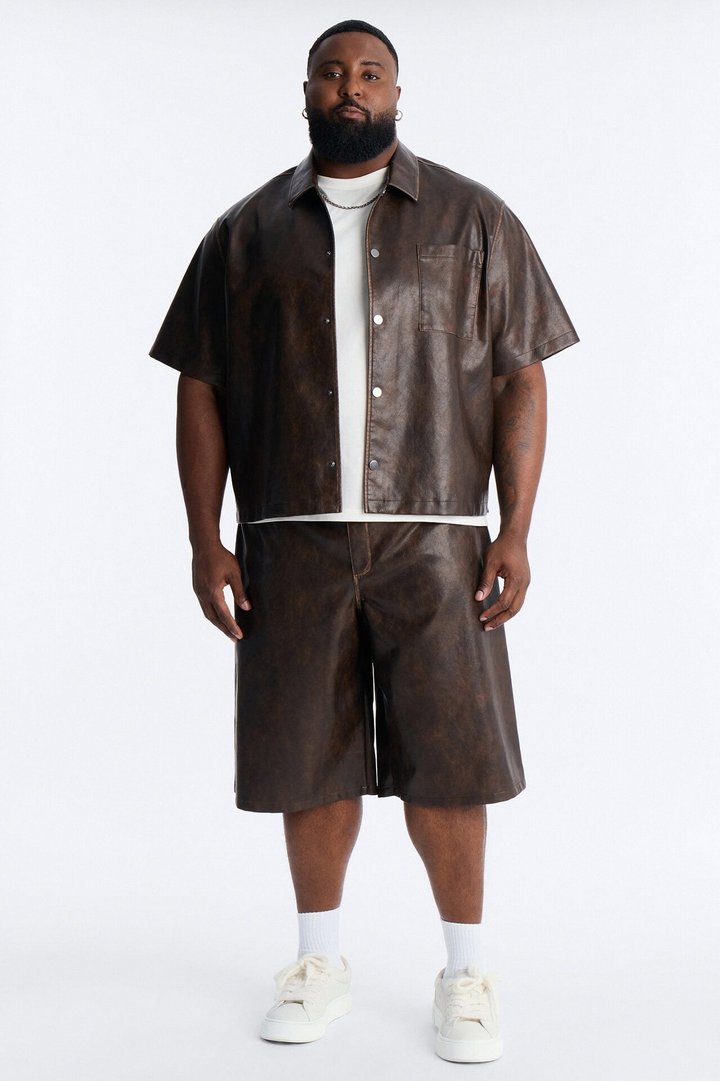 Cropped Relaxed Fordham Front Faux Leather Button Up Shirt - Brown