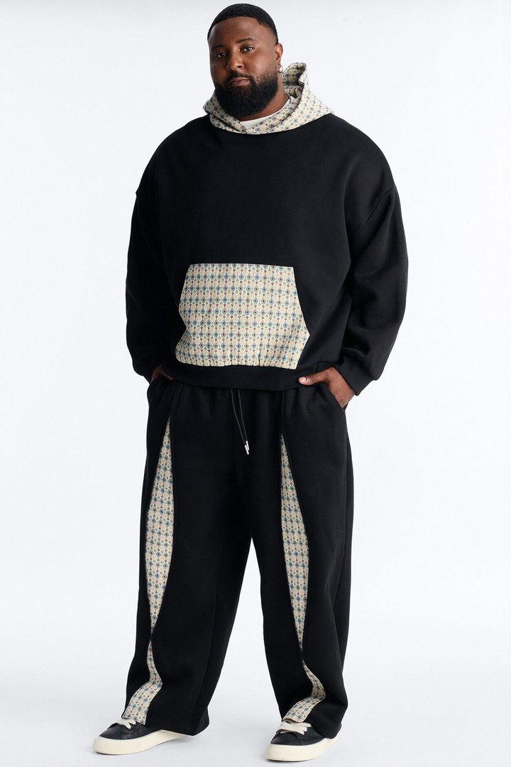 Oversized Mixed Media Tapestry Paneled Hoodie - Black