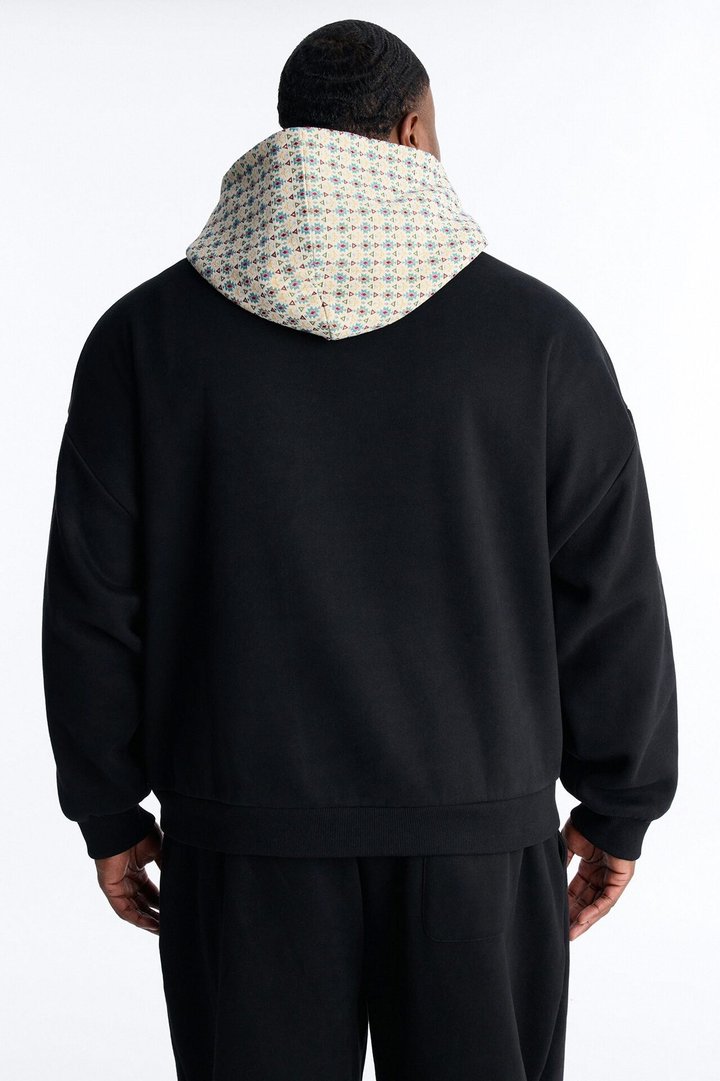 Oversized Mixed Media Tapestry Paneled Hoodie - Black