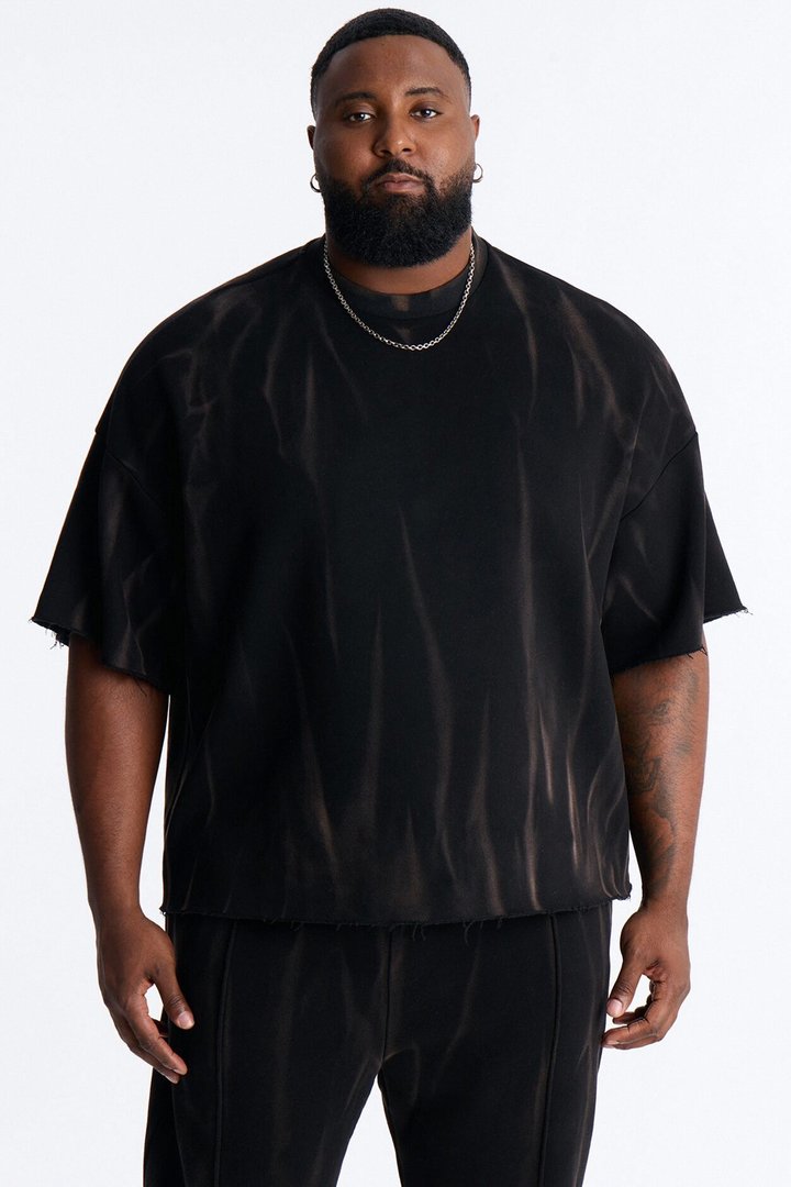 Oversized Bleach Washed Short Sleeve Fleece Tee - Black