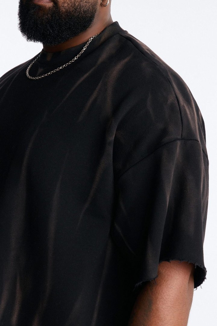 Oversized Bleach Washed Short Sleeve Fleece Tee - Black