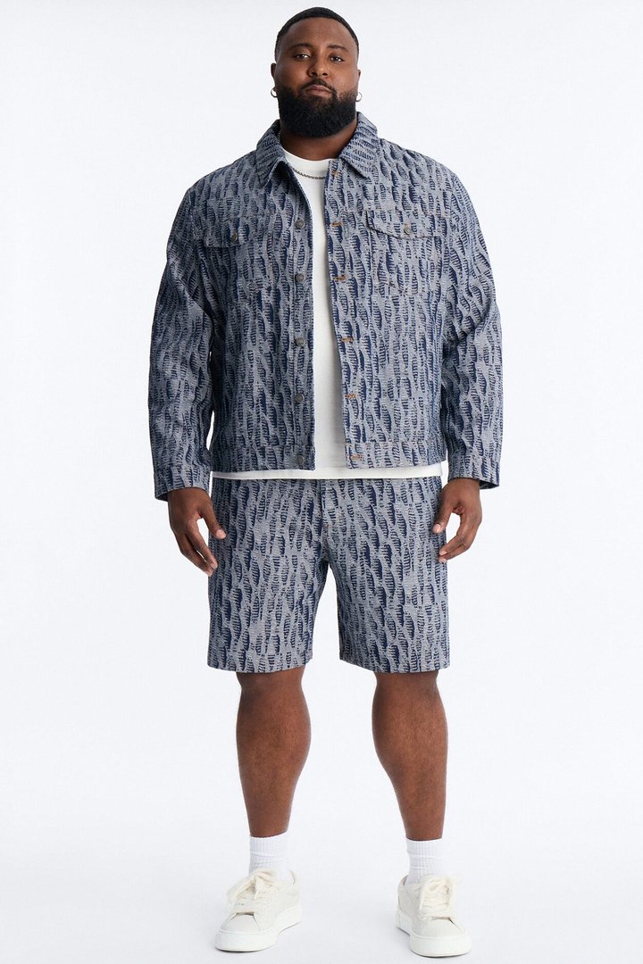 Relaxed Matrix Jacquard Denim Short - Dark Wash