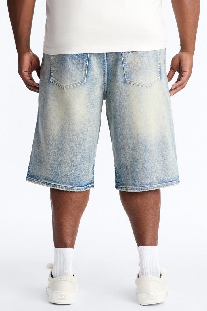 Relaxed Saints Embellished Denim Shorts - Light Blue Wash