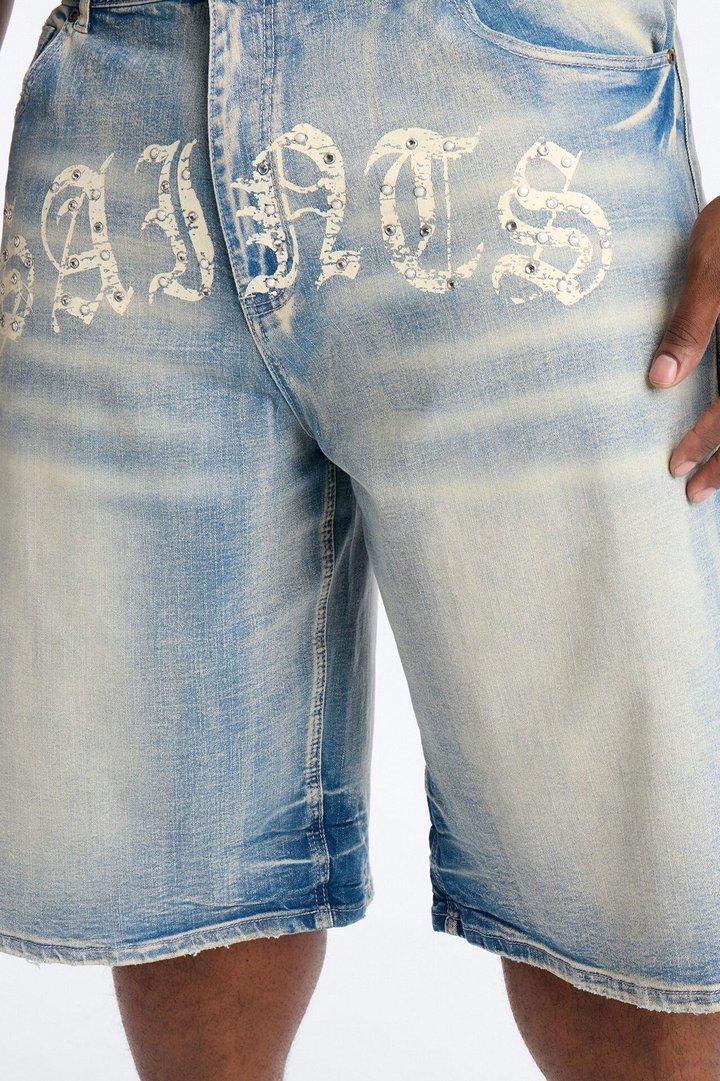 Relaxed Saints Embellished Denim Shorts - Light Blue Wash